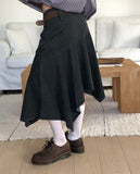 [Belt SET] Poor cut washed unbalanced cotton midi skirt