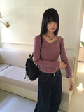 Jitel Vintage Stripe Deep U Neck Long Sleeve T-Shirt