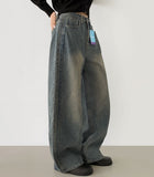 Side Tape Cut Line Brushed Balloon Wide Denim Pants