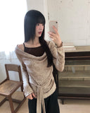 Bimu rib strap sleeveless layered off-shoulder long sleeve T-shirt
