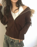 Penk Cable Fur Hood Slim Fit Two-Way Knit Zip-Up