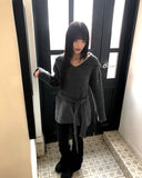 [Belt + Knit SET] Liha Open Collar Waistband Two-Way V-Neck Long Knit