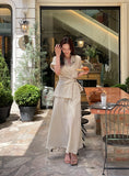 [Two Piece] Duere Linen Wrap Collar Shirt Long Skirt