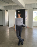 Mebel Shirring Off-Shoulder Back Slit Ribbon Strap Long-Sleeved T-Shirt