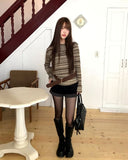 [Belt SET] Bomin Off-Shoulder Shirring Stripe Long Sleeve T-Shirt