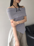 Seby Stripe Diagonal Off-Shoulder T-Shirt