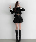 Tweed Two-Piece Crop Jacket Belt Mini Skirt Pants Set