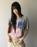 Det Vintage American Flag Printing One-Off-Shoulder Short Sleeve T-Shirt