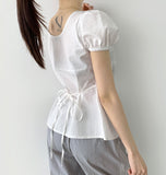 Balloon Soft Fit Ribbon Strap Short Sleeve Blouse