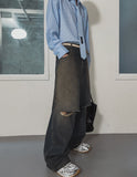 Cross Damage Banding Denim Pants