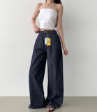Non-Fade Summer Cooling Banding Folding Cut Hem Snap Wide Denim Pants