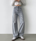 Pink Ribbon Embroidery Point Light Blue Wide Denim Pants