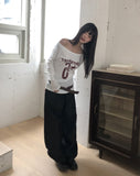 Dua Number Star Printed Unbalanced Off-Shoulder Long-Sleeve T-Shirt