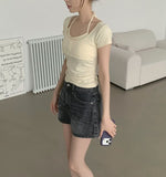 Slim Fit Cup Halter Strap Fake Layered Shirring Short Sleeve T-shirt