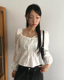 Ruson Puff Ribbon Shirred Square Neck Long Sleeve Blouse