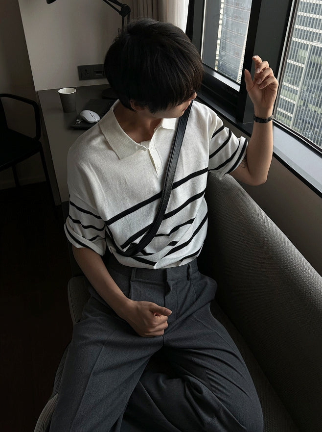【COSYHARU】V-in stripe button collar short sleeve knit COSYHARU (コシハル) - Vインストライプボタンカラー半袖ニット