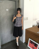 Benha Check Puff Frill Sleeveless Blouse