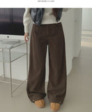 Bonding Brushed Corduroy Hem Snap Wide Balloon Banding Pants