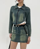 Beto Washing Cut Denim Set Skirt