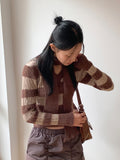 [Muffler set] Freena V-neck Angora Color Matching Stripe Crop Long Sleeve Knit