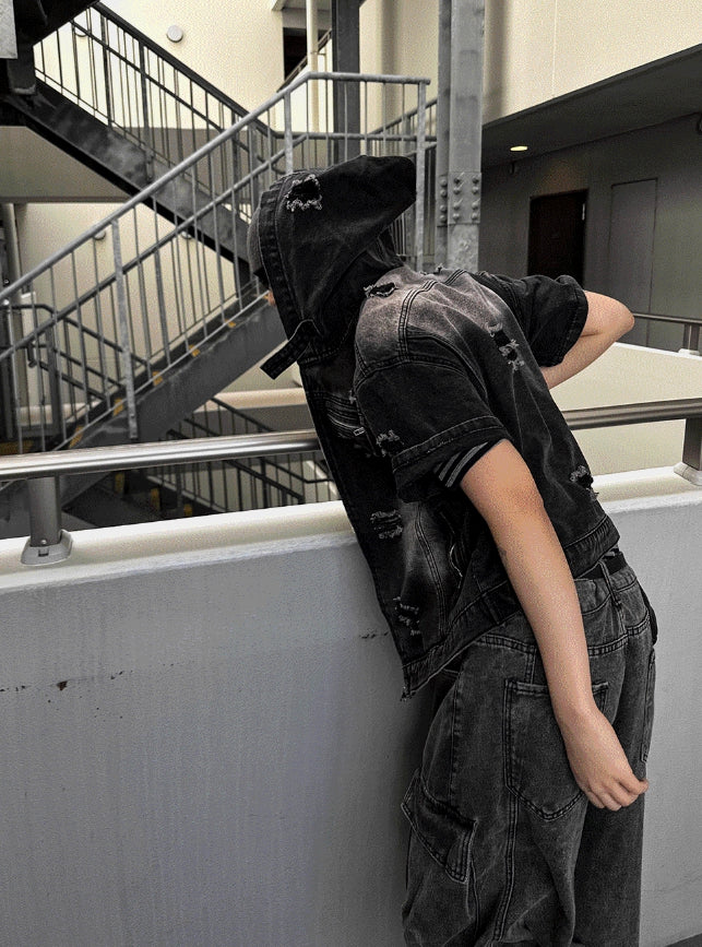 【COSYHARU】Cray Denim Short Sleeve Hood Jacket Cray Denim Short-sleeved Hooded Jacket - COSYHARU | 60