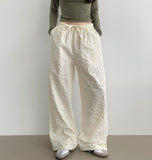 Fluffy Flower Embossed Banding Wide Pants