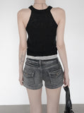 Fade pocket raw denim shorts