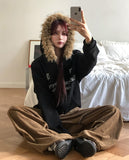 Sea Row Printing Fur Hood Zip-Up