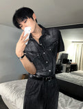 [Muscle Fit] Western Denim Linen Shirt