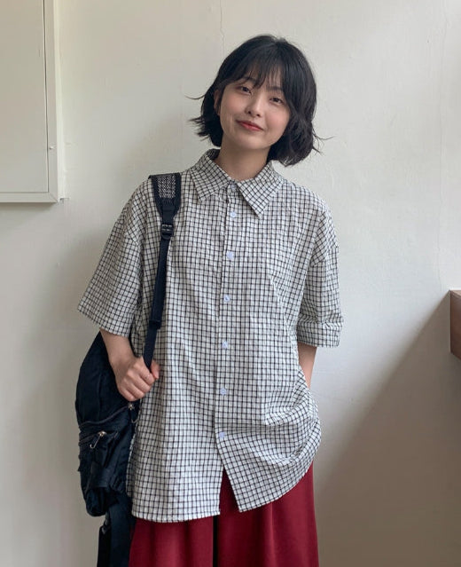 【BAON】[unisex] Beamgero check over short-sleeved shirt BAON (バオン) - [男女兼用]ビームジェロチェックオーバー半袖