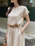 Hazel Wrinkle Short Sleeve T-Blouse Banding Wide Pants Set