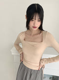 Pania Balletcore Shirring Pleated Strap Square Neck Crop Long Sleeve T-shirt