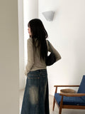 Tully Bokashi Shirring Ribbed Collar Button Long Sleeve Cardigan
