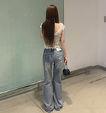 Catbrush Washing Ripped Jeans Semi-Bootcut Denim Pants