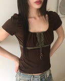 Kuro Vintage Shirring Lace Short Sleeve T-Shirt
