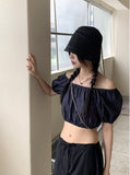 Minen Denim Off Shoulder Cropped Short Sleeve Blouse