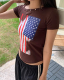 Richin American Flag Stud Rivet Unbalanced Off-shoulder Short Sleeve T-shirt