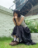 Achu Dot Shirring Tiered Lace Frill Long Skirt