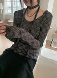 [Scarp set] Feld Checkered See-through Shirring Long Sleeve T-shirt