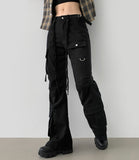 Waist Strap Low Waist Pocket Shirring Pin Tuck Wide Bootcut Pants