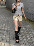 Chori Small Check Shirring Pintuck Puff Short Sleeve Shirt