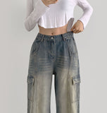 Cargo Pocket Washing Cut Line Wide Fit Denim Pants