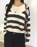 Yanky Stripe Deep U-Neck Layered Knitwear