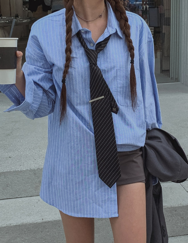 【U LAN】Thin Stripe Overfit Shirt U LAN (ユーラン) - シーンストライプオーバーフィットシャツ
