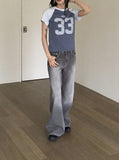 Watone Back Cut Washing Gray Long Wide Denim Pants
