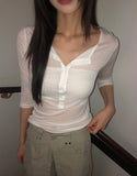 Chugi Button See-through Three Quarter Sleeve T-Shirt