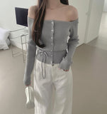 Off-shoulder Ribbed Knit Strap Set Cardigan