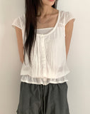 Punning Smoke Banding Pintuck Lace Short Sleeve Blouse