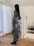 Elfu Gradient Two-Tone Off-Shoulder Ribbed Two-Way Long Sleeve Knitwear Zip-Up
