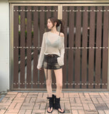 Loose-Fit Boat Neck Mesh Long Sleeve Knit